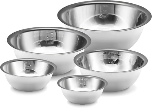 GIOTUK Mixing Bowl Set of 5, Stainless Steel Mixing Bowls with Measurement Markers, Multipurpose Nesting Whisking Bowl Set for Cooking, Baking, Serving, Food,Salad