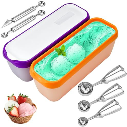 UHETLET 2 PCS Récipient à Glace Plastique Alimentaire Bac à Glace avec Couvercle avec 5 Outils Professionnel Récipient pour Glace Maison Boîte à Glace pour Congélateur pour Préparation Desserts