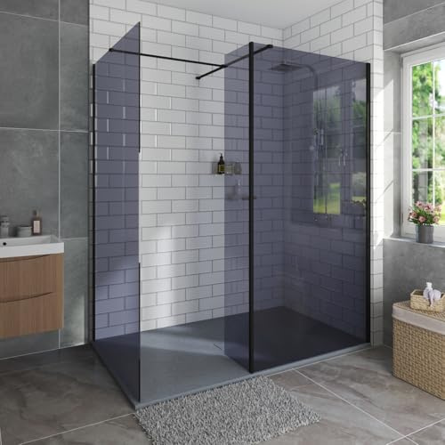 Aquariss 1200x700mm Black Walk in Shower Enclosure Wet Room 8mm Grey Easy Clean 700mm + 700mm Shower Screen Panel Glass + 300mm Return Panel + Anthracite SMC Shower Tray and Waste