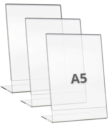 drb derabo Expositor metacrilato transparente a5, pack 3 unidades, soporte sobremesa para carteles A5, porta menú, porta precios, porta fotos, porta anuncios, display acrílico, expositor vertical A5