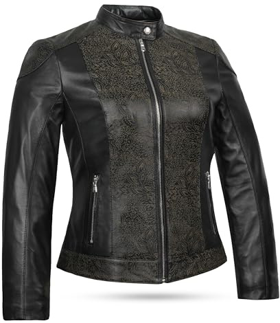Leatherick Giacca da donna in pelle nera di agnello – Vestibilità slim, morbida pelle nappa, fodera in raso, dettagli con cerniera argentati e tasche funzionali