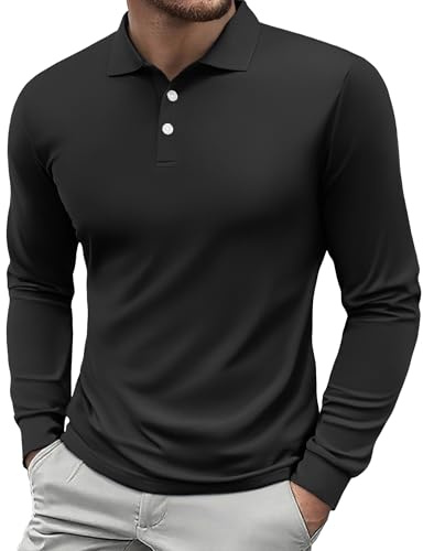 PINSPARK Pikétröja Herr Långärm Golf Skjorta UPF 50+ Solskydd Snabbtorkande Tennis Pikétröja Höst Andningsaktiv Fitness Pikétröja Basic Fritid Långärmad Tröja, svart, L