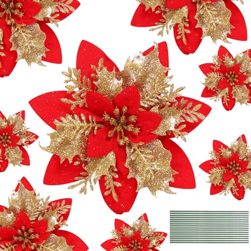 Herbbree 16Pcs Christmas Poinsettia Decorations,Glitter Artificial Flowers Christmas Tree Ornaments with Stems for New Year Wedding Party Xmas Garland Wreath Decor(Red Gold)