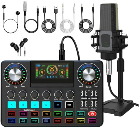 Uxsjakjsd Set di Attrezzature per Podcast dal con DJ Effects Voice Changer e Scheda Audio dal per Lo Streaming Podcasting