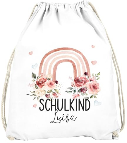 SpecialMe® Kinder Turnbeutel mit Name Schulkind 2026 Regenbogen Blumen personalisierte Geschenke Schulanfang Mädchen Weiss unisize