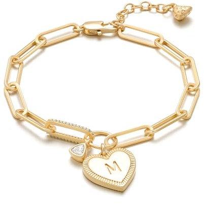 MYEARS Valentines Day Gifts for Women - Gold Initial Bracelets for Women Trendy 14K Gold Plated Heart Letter A-Z Charm Bracelets Paperclip Chain Personalized Jewelry Birthday Gifts for Her - Letter M