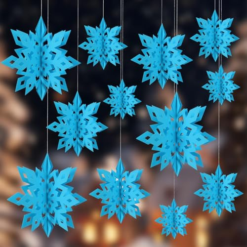 Copos De Nieve Decoracion, 12 Piezas En 4 Tamaños, Adornos Colgantes De Copos De Nieve, para Decoración De Navidad, Invierno, para Ventana, Árbol Y Pared (Azul)