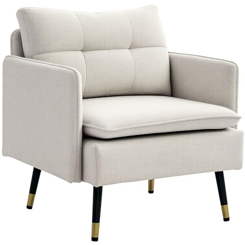HOMCOM Fauteuil de Salon, Fauteuil 1 Place, en Tissu Lin 76 cm, Coussin Assise rembourrée Dossier capitonné Ressorts en S Pieds en Acier, Sofa Moderne pour Chambre, Appartement, crème