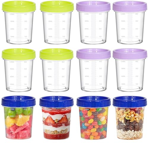Surflyee 12 Pièces Petite Boîte Plastique avec Couvercle, 4OZ Pot de Sauce | Petites Boîtes Plastiques Alimentaires Hermétique, Pots en Plastiques avec Échelle, Réutilisable Contenant en Plastique
