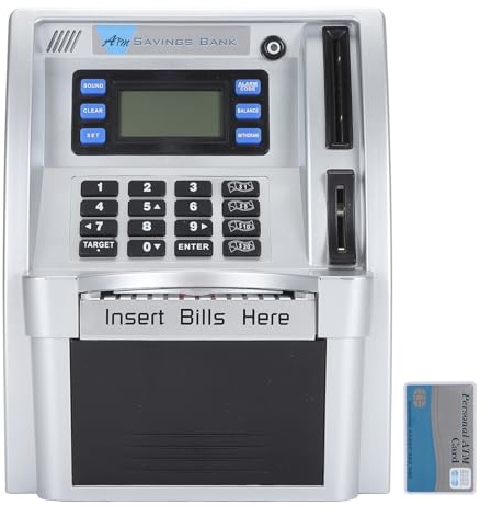 Asixxsix Salvadanaio ATM per Bambini, Cassetta di Sicurezza Elettronica con Schermo LCD, Riconoscimento Monete, Alimentatore Banconote, Impostazione Target, Calcolatore del Saldo
