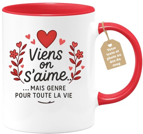 quotedazur Café-Croissant - Mug Saint-valentin Coeur - Tasse Romantique Idée Message Viens On S'aime Homme Femme - Cadeau Original Pour Couple Amoureux Petit Ami Copain Copine Mari - Rouge/céramique