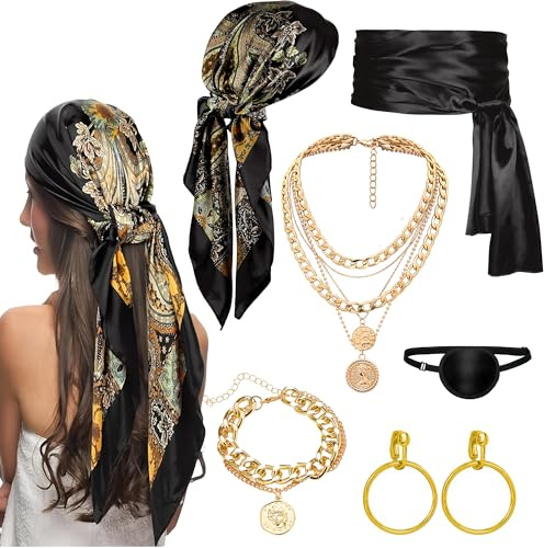 Piratenkostüm Herren Damen,Piraten Kostüm Damen,Piraten Accessoires Set,Halskette Pirat Stirnband Taillengürtel Piratenkapitän Schärpe Pirat Kopftuch Bandanas Karneval Party Zubehör (Schwarz)