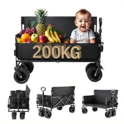 Bollerwagen Faltbarer mit 200KG Tragkraft, Schwarz, Verstärktes Stahlrohr, 360° Schwenkbare Geländeräder mit Bremsen, Stoßdämpfung