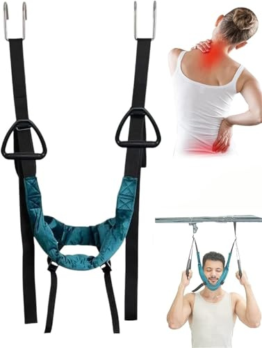 Cervical Neck Traction Device,Neck Stretcher Cervical Traction Device,Portable Neck Stretcher Hammock,Ergonomic Side Handles Straps for Men and Women,Home Office Travel Outdoor Use