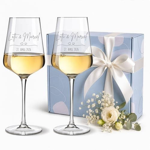 VILLA ROSA LOTTA - Weinglas mit Gravur 2er Set Weißweinglas - Leonardo Puccini -personalisierte Geschenke Hochzeit, personalisiertes Geschenk für Paare mit Namen, graviertes Weinglas für Brautpaar