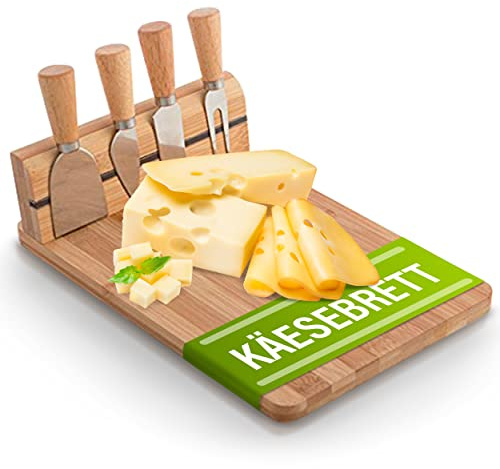 5-teiliges Käsebrett Set aus 1x Bambus Schneidebrett mit Magnethalterung für 4x Käsemesser - ca. 30x20x1,5 8,5 cm große stabile robuste Käse Servierplatte Buffet-Platte Käseplatte mit Besteck