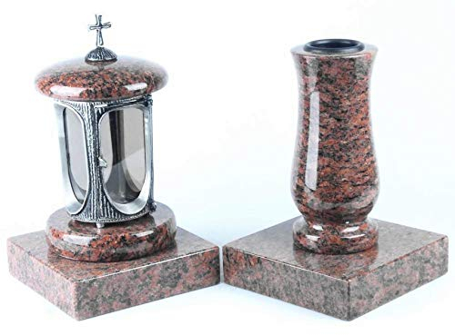 designgrab Alu Grablampe aus Aluminium in Antikoptik mit Kreuz und Grabvase und 2 Stück Sockel eckig in Granit Vanga