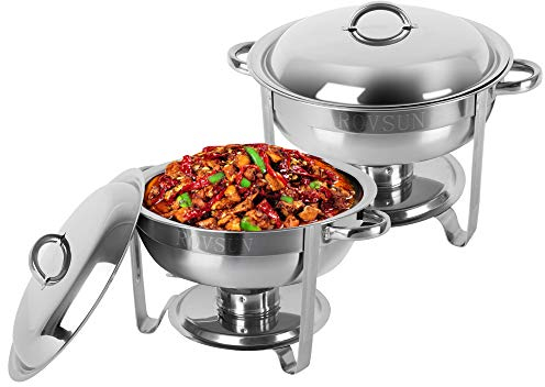 ROVSUN 5 Qt 2 Packed Full Size Edelstahl Chafing Dish Buffet Set, Silber Round Catering Warmer Set mit Speisen und Wasserschalen, Spiegelabdeckung, Dicker Ständer Rahmen für Küche Party Bankett