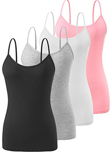 Air Curvey 4 Pack Camisole Tops for Women Basic Undershirt Tanks Adjustable Spaghetti Straps Camis Seamless Soft Layering Top Black Gray White Pink S