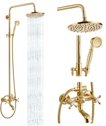 gotonovo Exposed Shower Faucet Set 8 Inch Rainfall Showerhead 3-Function Shower Fixture with Tub Spout 2 Corss Handles Shower System, Polish Gold