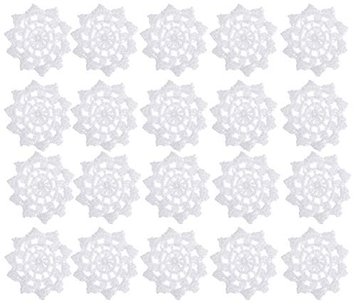 Milisten 20 Stück handgehäkelte Spitzendeckchen zum Basteln, Schneeflocken-Mini-Deckchen, Spitzen-Untersetzer, Baumwoll-Blumen-Applikationen, Flicken für Kleidung, Stirnbänder, Geschenkpaket, weiß