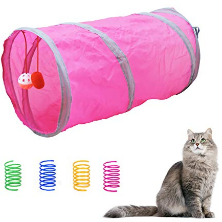 Andiker Cat Tunnel & 4 Cat Spring Toys, Collapsible Cat Toys for Indoor Cats Interactive Sound Paper Cat Cute Tube Toy with a Bell Toy & a Soft Ball, Colorful Spiral Springs for Cat, Rabbits (Pink)