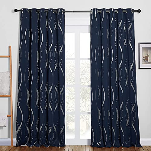PONY DANCE Decorative Foil Blackout Curtains for Bedroom - 66 x 90 Inch, Eyelet Thermal Curtains Soundproof for Living Room, Saving Energy Printed Silver Wave Line Drapes, Navy, 2 Panels