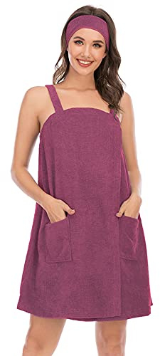 Jamron Mujer Vestido de Toalla de Baño Ajustable con Diadema para Ducha Snuna SPA y Playa Fucsia S