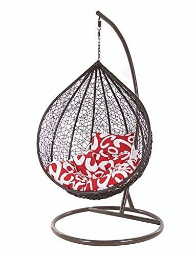 KIDEO Komplettset: XXL Hängesessel mit Gestell & Kissen, Korbsessel, Poly-Rattan, braun, groß (Kissen: Chesterstepp rot-weiß Gemustert [3012 Curly])