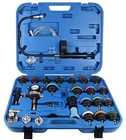 PLAYOCCAR Tester Pressione Radiatore Sistema Raffreddamento, 28 Pezzi Kit di Ricarica del Vuoto del Sistema di Raffreddamento con Adattatori, Pompa & Manometro