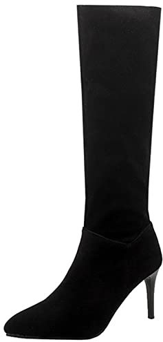 Cocey Botas altas de ante para mujer con tacón de aguja y botines holgados, Negro , 37 EU