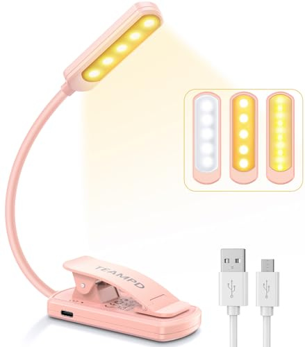 TEAMPD Lampe de Lecture, 10 LEDs Liseuse Lampe Clip USB Rechargeable, 360°Cou Flexible, Gradation Progressive & 3 Température de Couleur, Lumière Livre pour Lire au Lit,Enfant,Kindle,Voyage,Camping