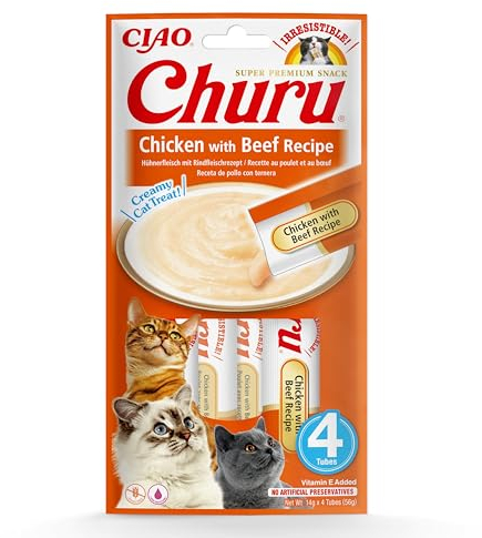 INABA Churu Püree Katzensnacks - Katzenpaste zum Füttern aus der Hand - Katzensticks mit Thunfisch & Rindfleisch - 4 Sticks x 14 g