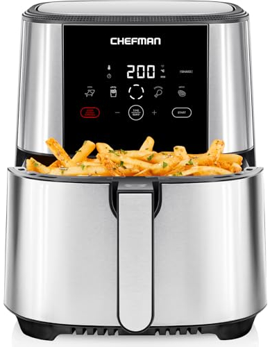 Chefman TurboFry Touch Heißluftfritteuse, 4.75L Familiengröße, One Touch Digital Control Voreinstellungen, Pommes, Hähnchen, Fleisch, Fisch, Spülmaschinenfest, Automatische Abschaltung, Edelstahl