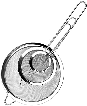 Avesteir Juego de 3 Colador de Cocina 19/25/36.5 cm, Colador de Malla Fina Acero Inoxidable, Tamiz de Harina con Manija para Separador de Salsa, Coladores de Pasta, Alimentos y Vegetales (Plateado)