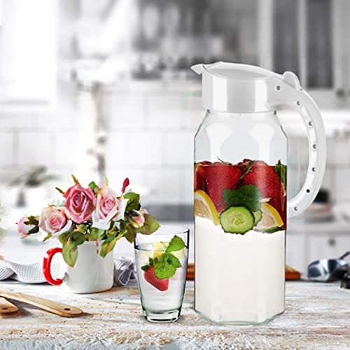 1.5L Glass Jug with Lid Borosilicate Glass Water Jug Transparent Fridge Door Beverage Glass Pitcher with Lid for Hot Cold Water, Ice, Tea & Coffee (White)