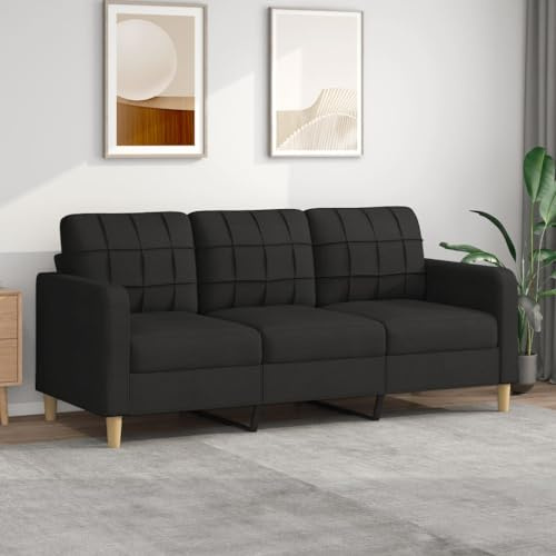 Gecheer Modern 3-sits svart tygsoffa med kuddar, 198x77x80cm, för vardagsrum