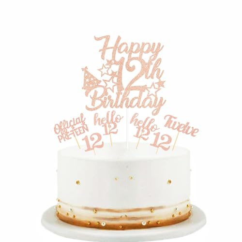 bng-bng 12th Birthday Cake Topper Rose Gold Official Pre-Teen Glittery Happy 12th Birthday Cake Decoration Cupcake Toppers for Boys and Girls Teen Age 12 Birthday Party Supplies