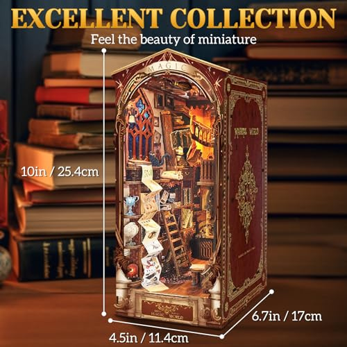 Quanquer Kit de Coin de Livre à Faire soi-même, Puzzle 3D avec Meubles et LED, kit de Maison Miniature, bibliothèque, décoration de Maison de poupée en Bois, Cadeau créatif pour Anniversaire, Noël, S