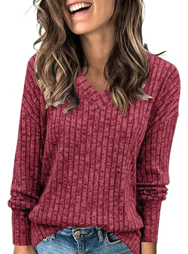 ABYOVRT Pulls Femme col en V Décontractés Léger Sweat à Manches Longues Pullover Sweatshirts Tops Mode,S-XXL