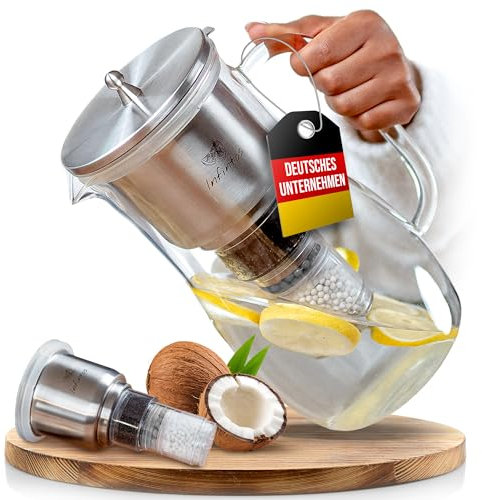 INFINTOS Glas- Wasserfilterkaraffe mit Aktivkohlefilter, Keramikkugeln, Mineralsteinen - gegen Schwermetalle, Legionellen, Kalk - Trinkwasser Wasserfilter für deine Küche