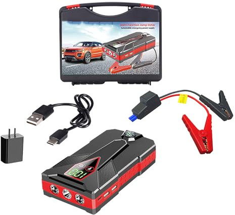 CUTTE Démarreur de Batterie de Voiture, Booster de Batterie Portable avec Boîte de Rangement pour Écran D'affichage Numérique, Batterie Externe avec Port USB,Red1