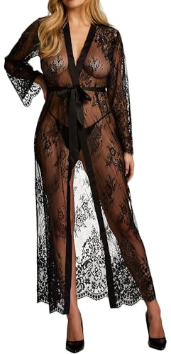 Damen Sexy Spitzen Kimono Langes Dessous Set Langarm Robe Nachtmäntel Durchscheinendes Nachthemd Morgenmäntel Nachtwäsche Elegante Babydoll Braut Bademäntel mit Satin Gürtel (Schwarz, Einheitsgröße)