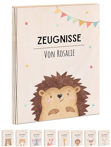Wunderwunsch® - Personalisierte Holzzeugnismappe mit hochwertigem Spezial-Druck - Einschulung Geschenk für Jungen & Mädchen (Igel Girlande)