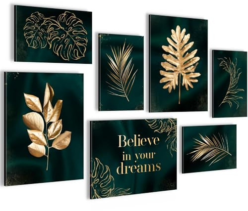 Novart Wandbilder Goldene Blätter - KOMPLETT AUFHÄNGFERTIG - Grün Gold Wohnzimmer Schlafzimmer Flur - 7 Moderne Mood-Bilder - N034471a
