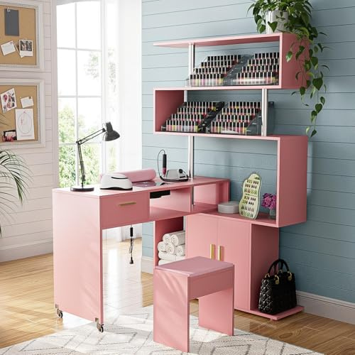 Kikihouse Manicure Table Nail Desk with Stool, L-Shaped Nail Tech Desk with Dust Collector, Two-Way Drawer, Cabinet & Storage Shelves, Rotating Reversible Manicure Workstation on Wheels (Pink)