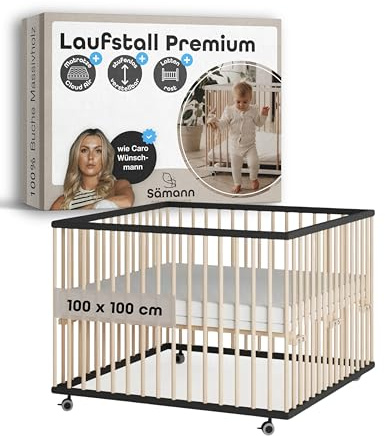 Sämann Laufstall Baby mit Matratze Cloud Air & Lattenrost | stufenlos höhenverstellbar | Laufgitter Premium | Babybett aus Holz | Krabbelgitter (schwarz/natur, 100x100 cm)