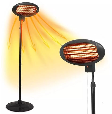 2KW Free-Standing Outdoor Electric Garden Patio Heater – Adjustable Height, 3 Heat Settings (650W/1350W/2000W), Weatherproof, Black – Ideal for Outdoor Warmth
