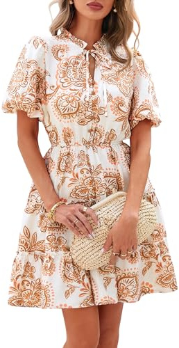 BTFBM Women Summer Floral Short Dresses V Neck Short Sleeve Tiered Ruffle Boho Swing Dress A-Line Mini Dresses(White Apricot Floral,Medium)