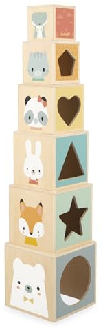 Janod - First Wooden Pyramid Toy - Multi-Colored - 6 Cubes